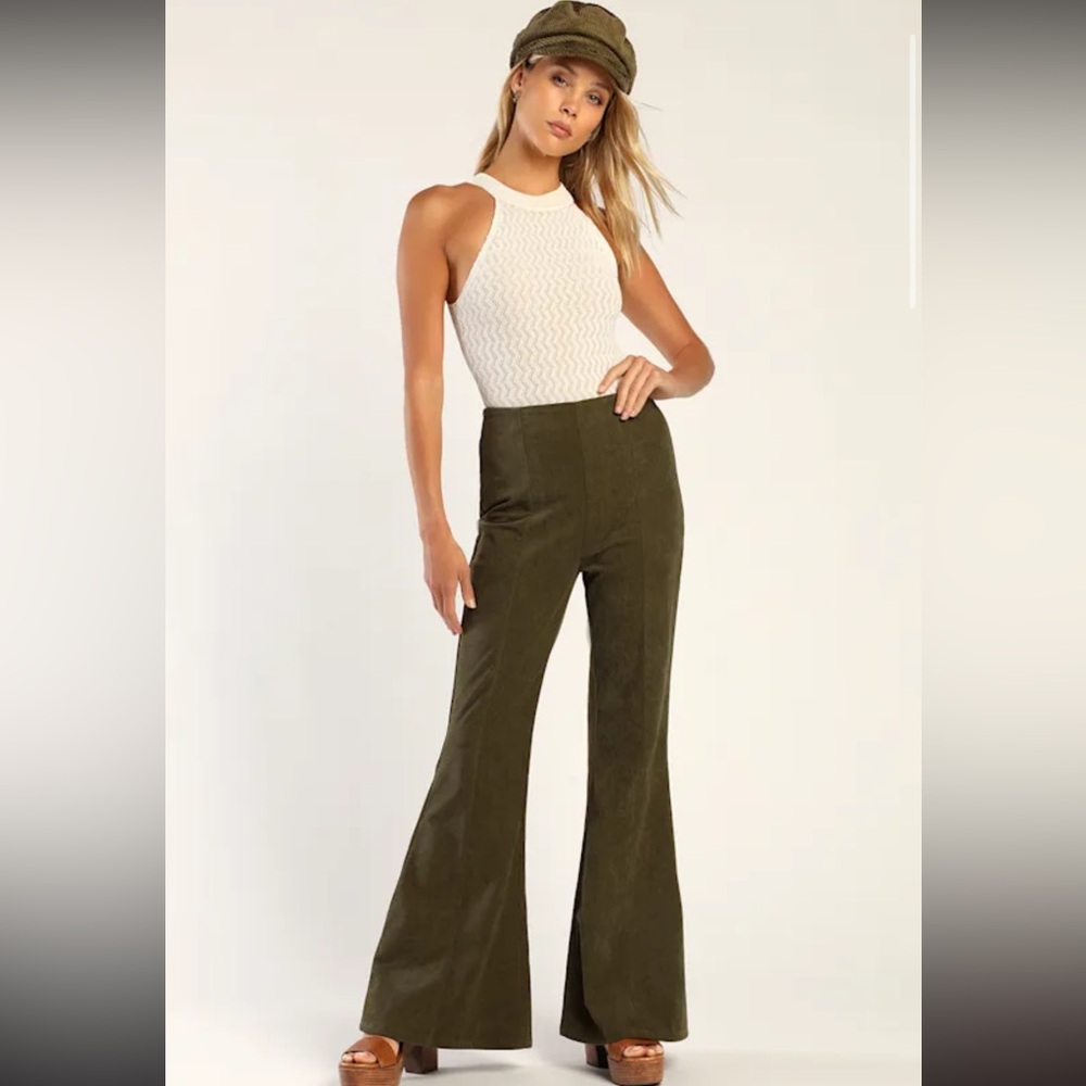 SOLD OUT! Lulus Era Of Confidence Olive Green Corduroy Flare Pants - L Large